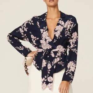 Marissa Webb Navy Blue Pink Dark Floral Wrap Waist Blouse